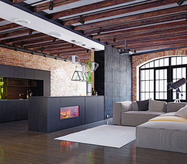 Modern industrial loft with cozy seating area.