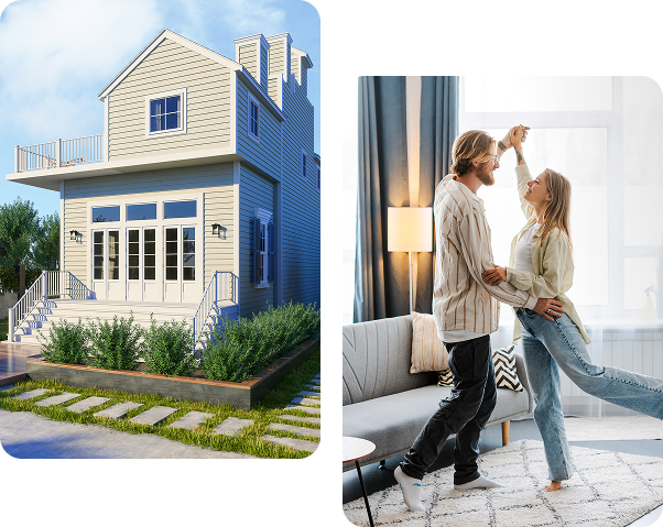 House exterior and couple dancing inside home.